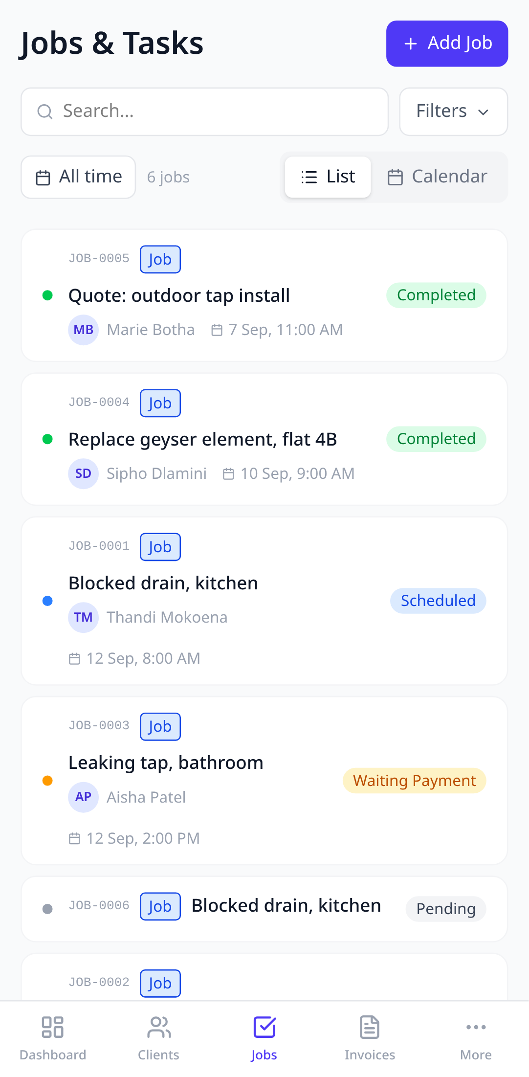 The Jobs list with several jobs in different statuses