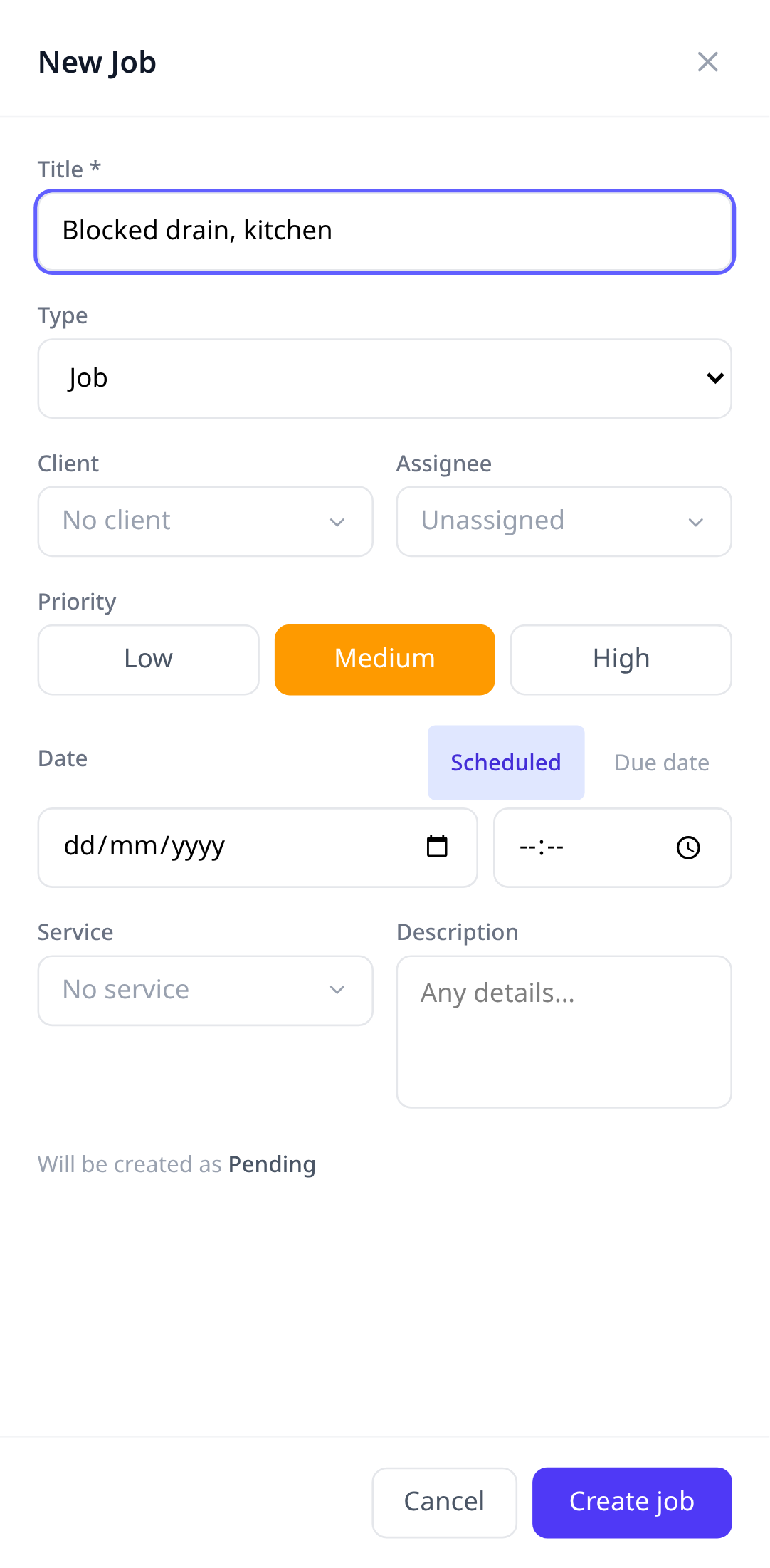 The New Job form with title, client, and schedule fields