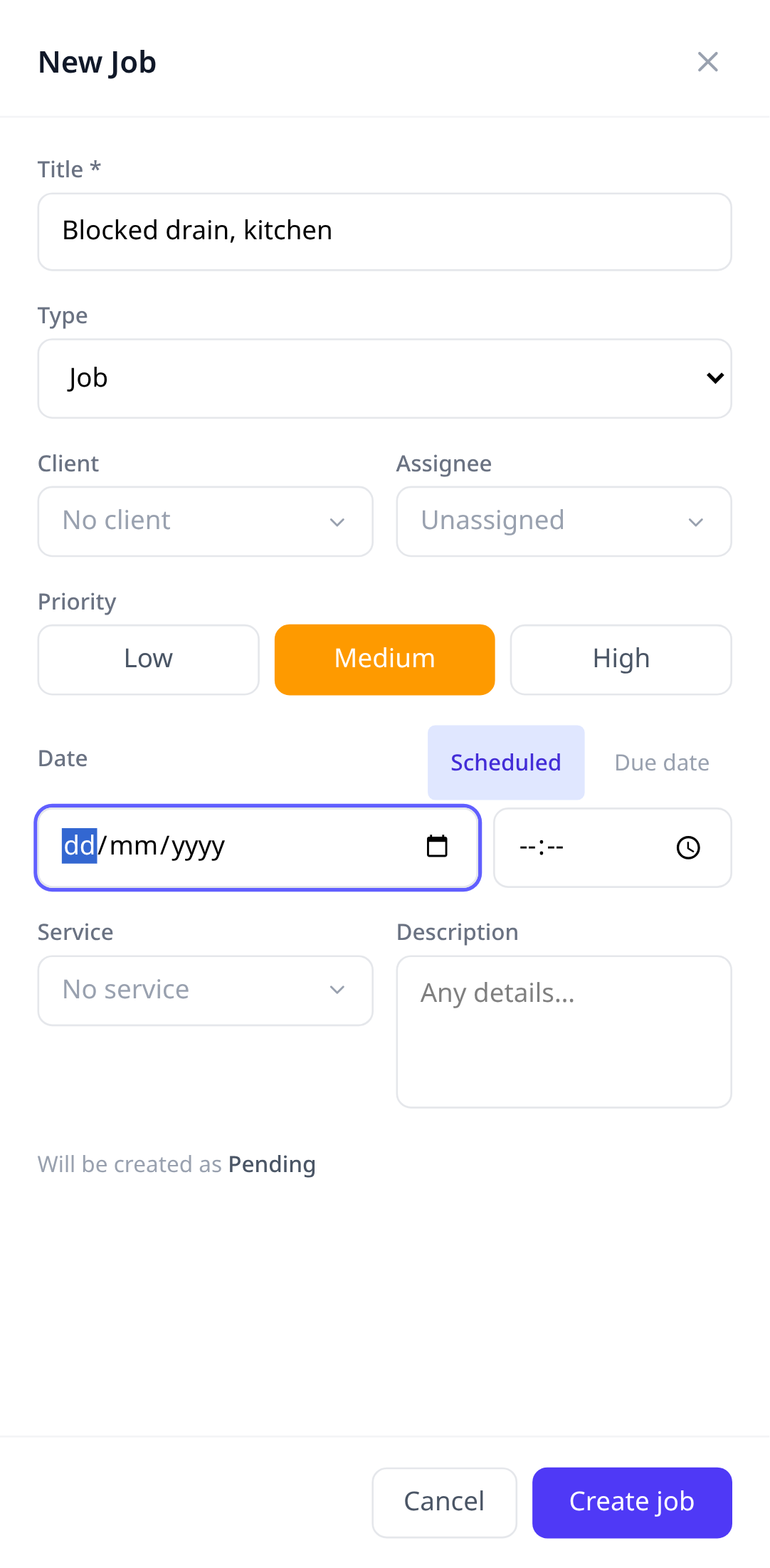 The job form with the schedule picker open