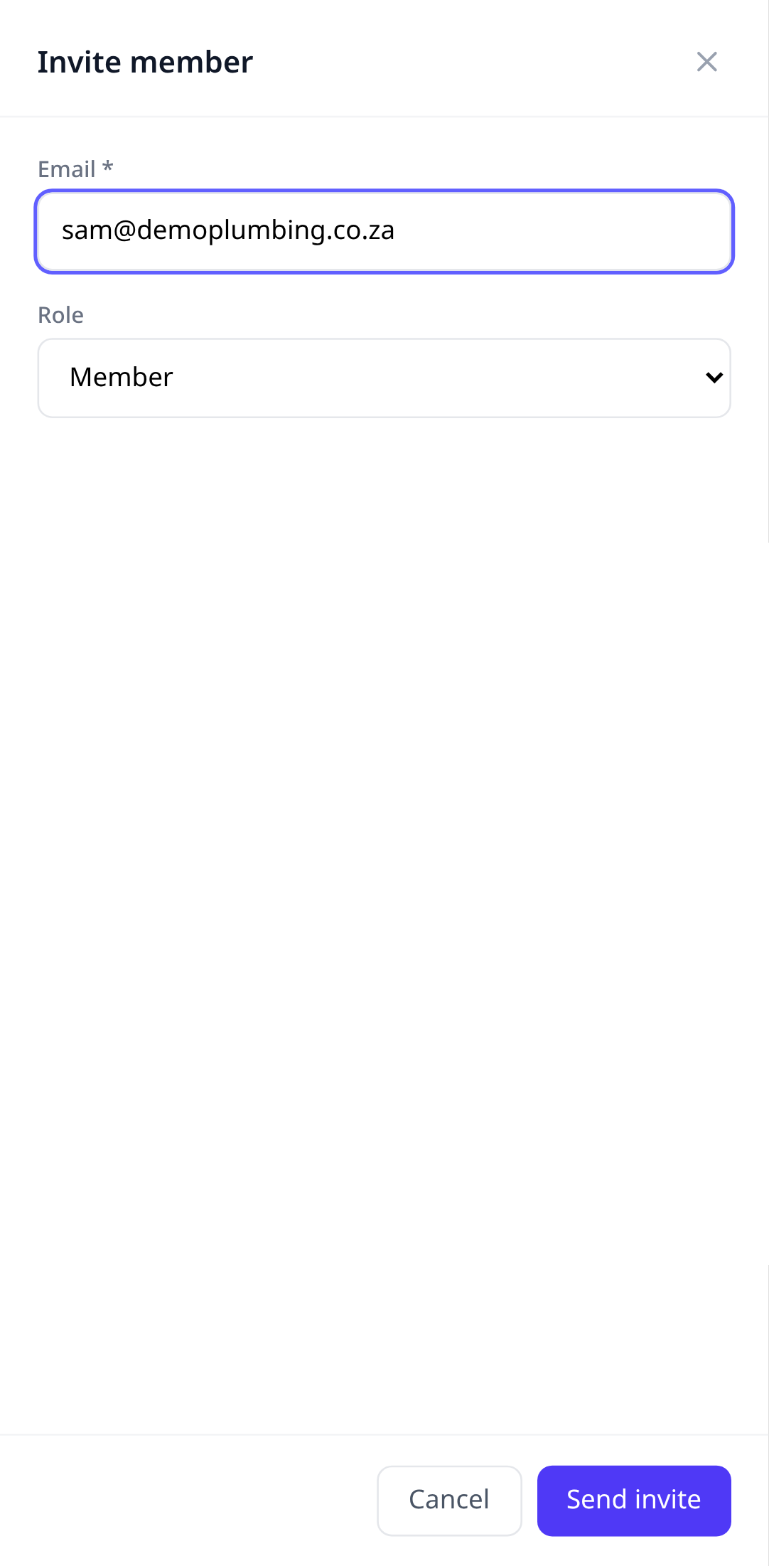 The Invite member form with an email and a role dropdown