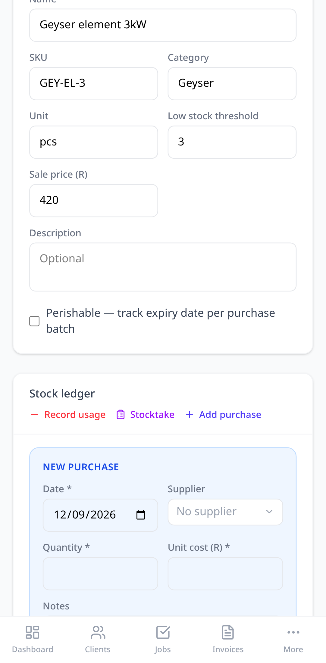 The stock item page with the purchase form open