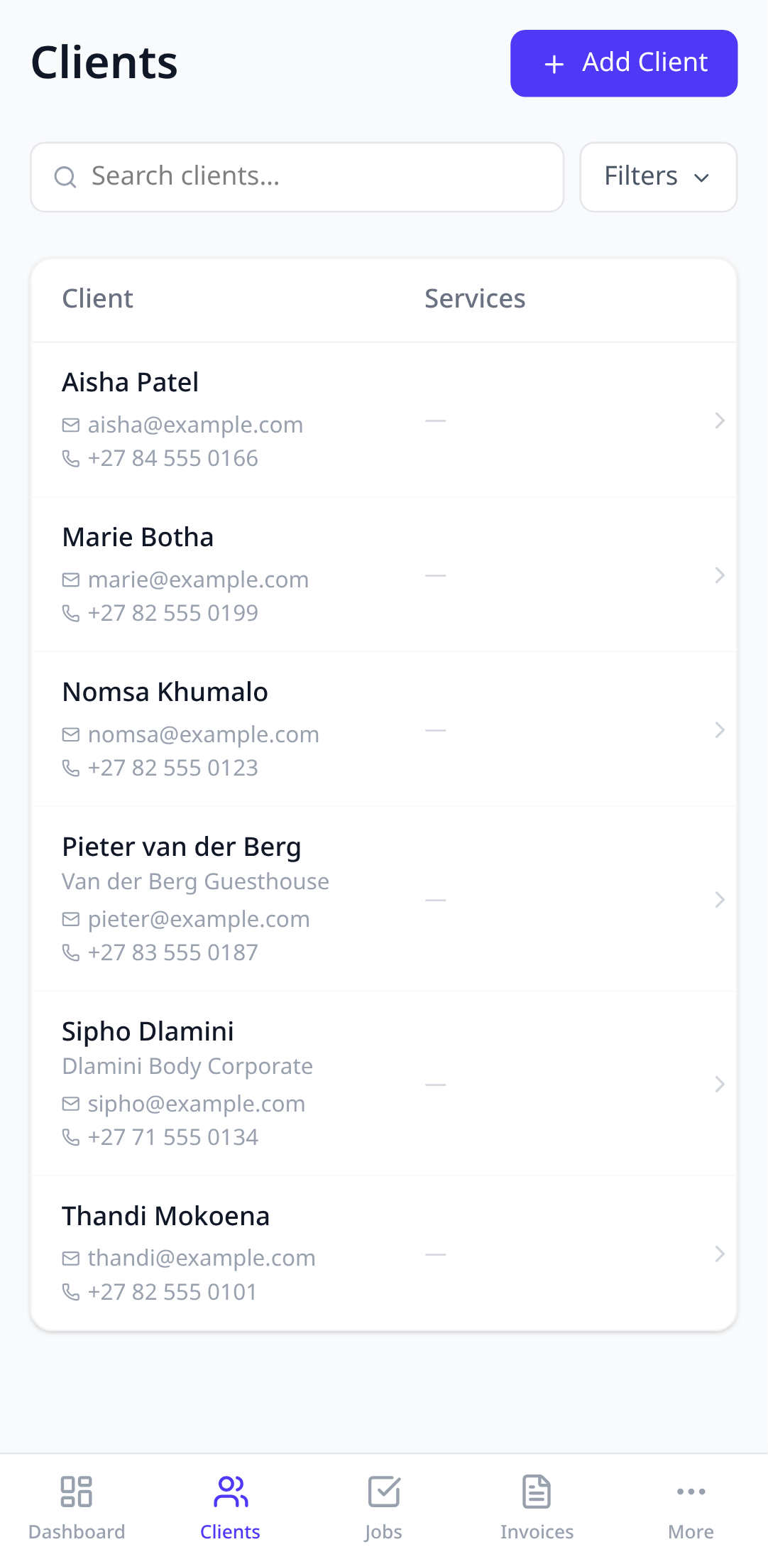 The Clients list with the Add client button at the top