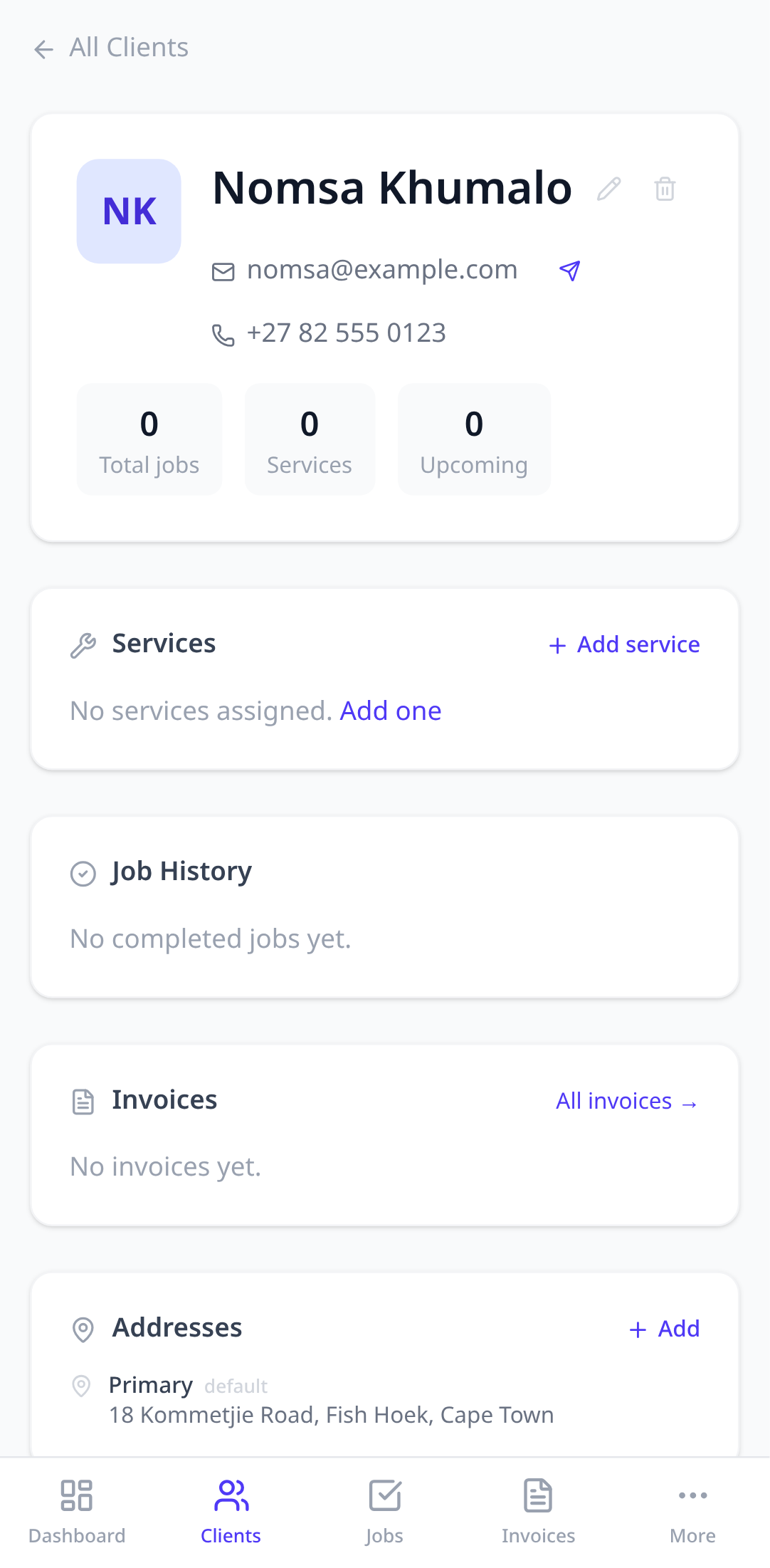 The client's detail page showing contact buttons, locations, and an empty job history